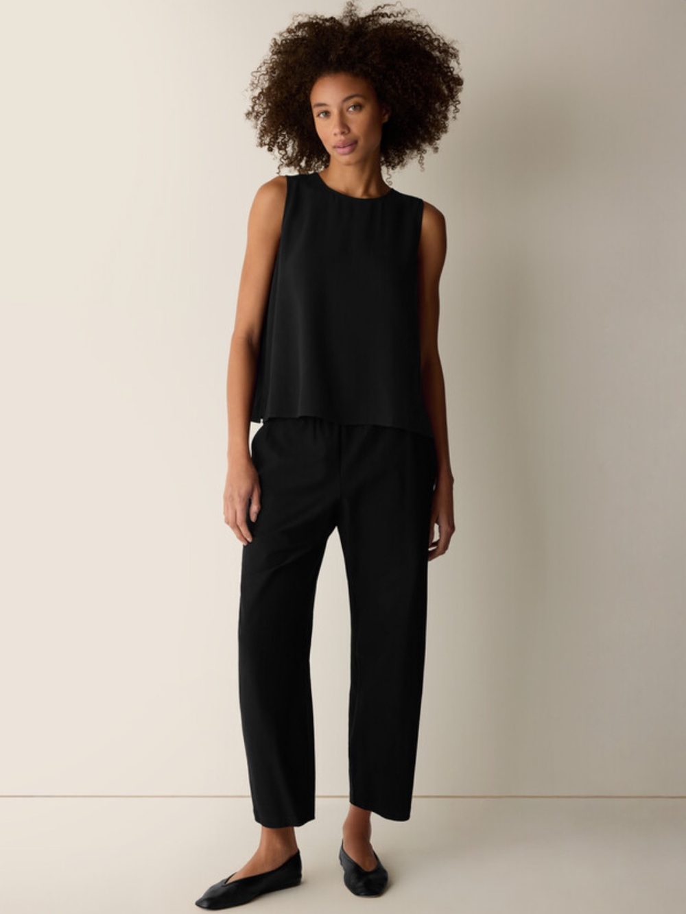 NEW Eileen Fisher Silk Georgette Crepe Round Neck Tank Top in Black, Size 1X